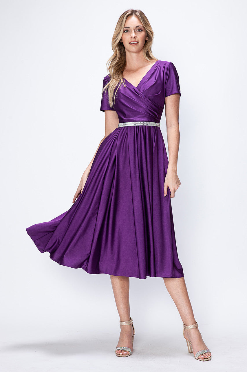 Lenovia 5274 V-Neck Short Sleeve Midi Cocktail Dress with Rhinestone Waist Formal & Wedding Guest Attire