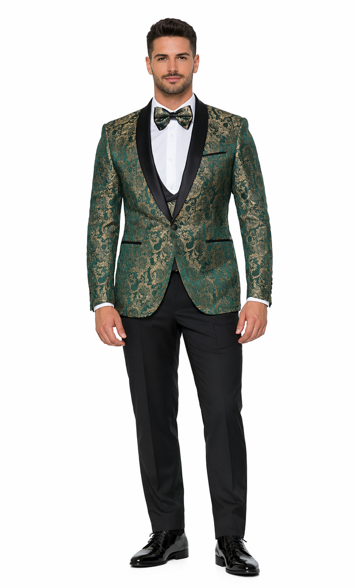 Green & Gold Pattern Tuxedo 4-Piece Set with Shawl Lapel – Wedding & Prom