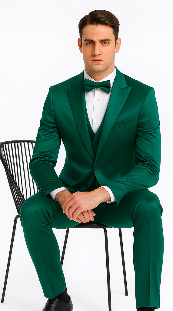 Green Satin 3 Piece Slim Fit Tazzio Men's Suit with Peak Lapel – Modern