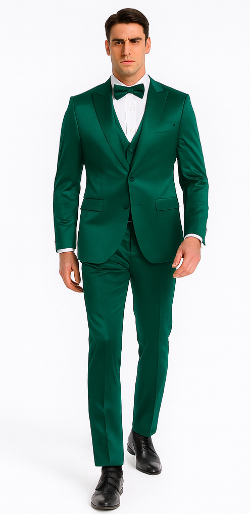 Green Satin 3 Piece Slim Fit Tazzio Men's Suit with Peak Lapel – Modern