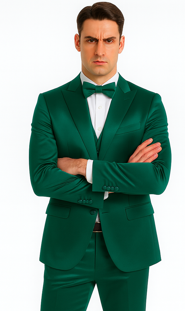 Green Satin 3 Piece Slim Fit Tazzio Men's Suit with Peak Lapel – Modern