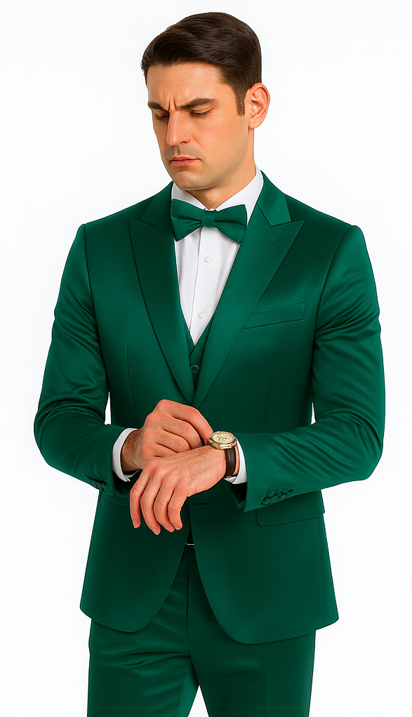 Green Satin 3 Piece Slim Fit Tazzio Men's Suit with Peak Lapel – Modern