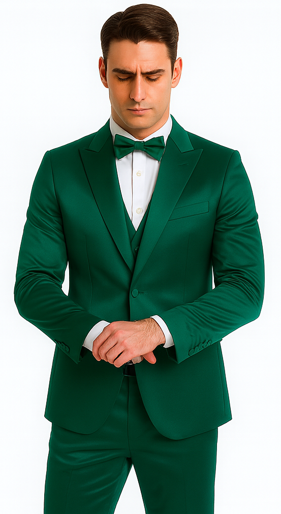 Green Satin 3 Piece Slim Fit Tazzio Men's Suit with Peak Lapel – Modern