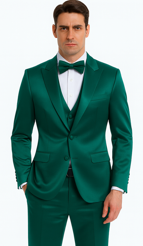 Green Satin 3 Piece Slim Fit Tazzio Men's Suit with Peak Lapel – Modern