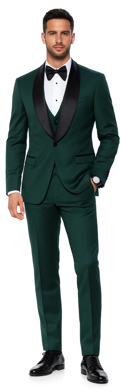 Green Slim Fit Tuxedo with Large Black Shawl Lapel – 3 Piece Wedding & Prom Set