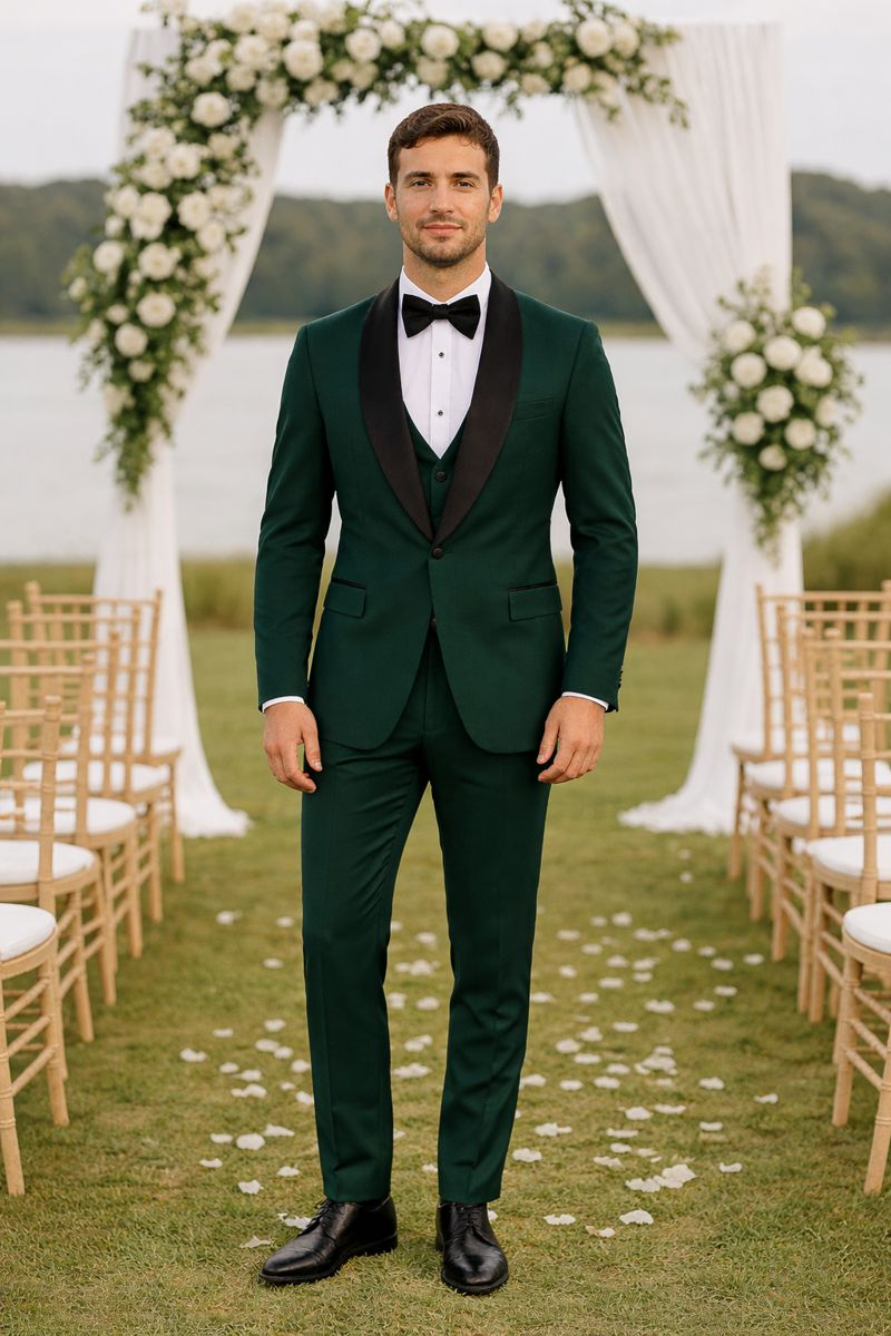 Green Slim Fit Tuxedo with Large Black Shawl Lapel – 3 Piece Wedding & Prom Set