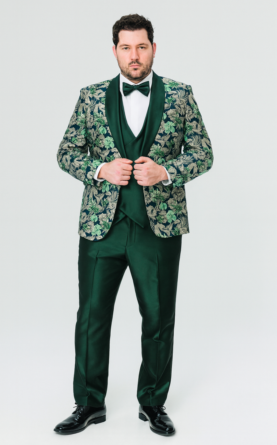 Green Tuxedo with Floral Pattern Four Piece Set - Wedding - Prom