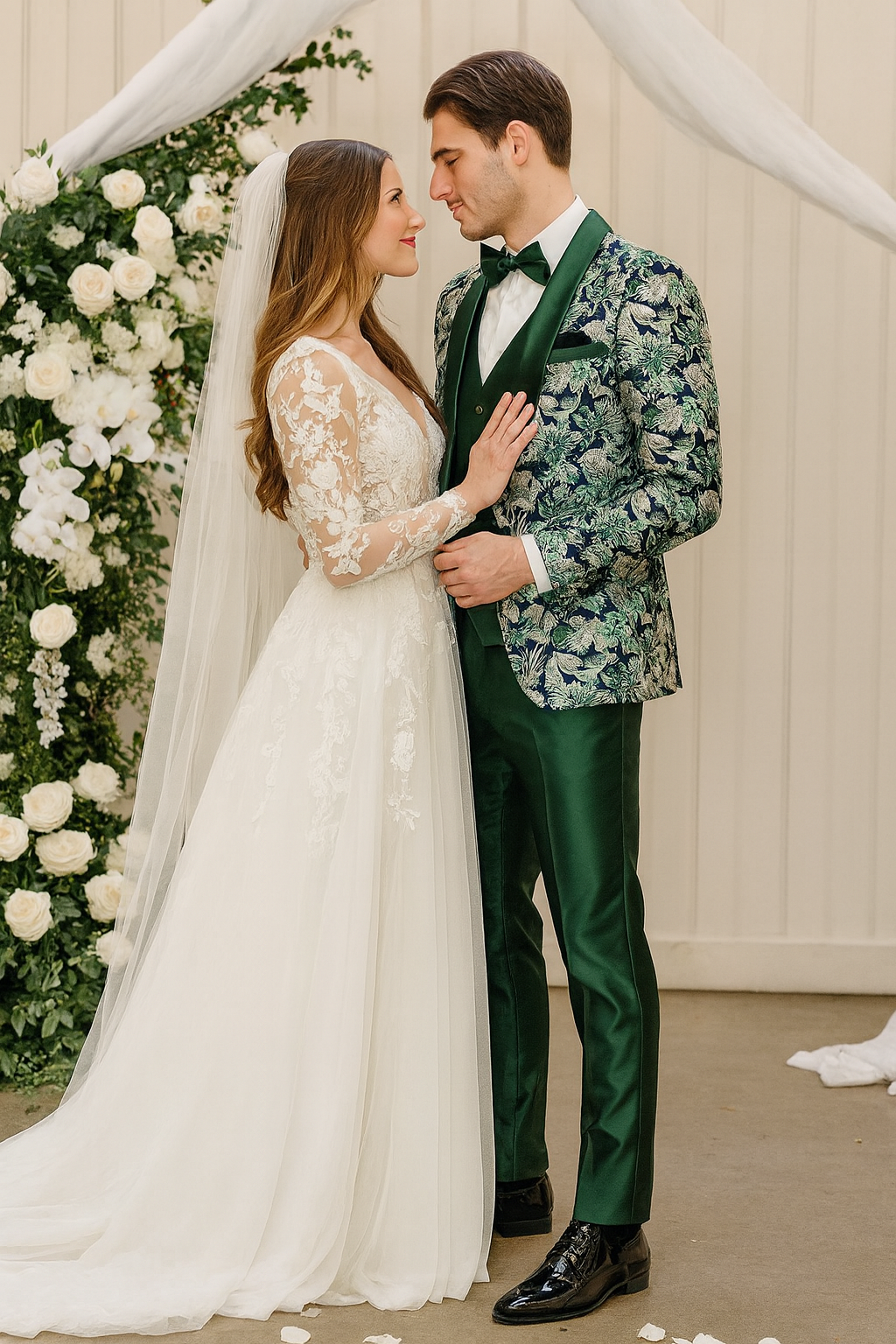 Green Tuxedo with Floral Pattern Four Piece Set - Wedding - Prom