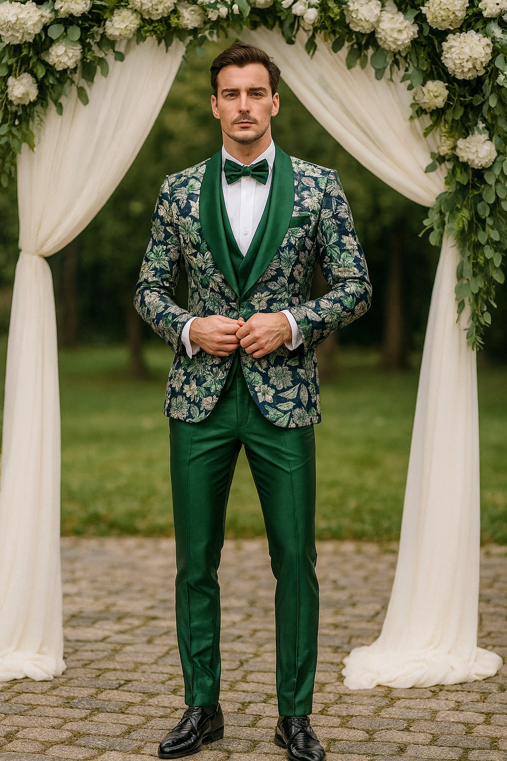 Green Tuxedo with Floral Pattern Four Piece Set - Wedding - Prom
