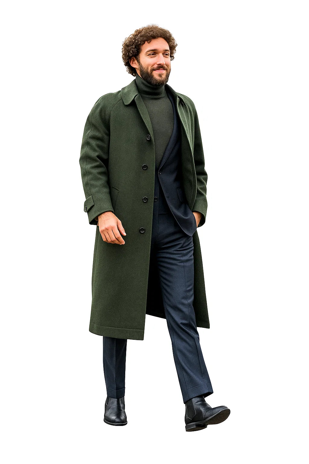 Men’s Olive Green Wool Overcoat Outfit – Winter Business Casual Style