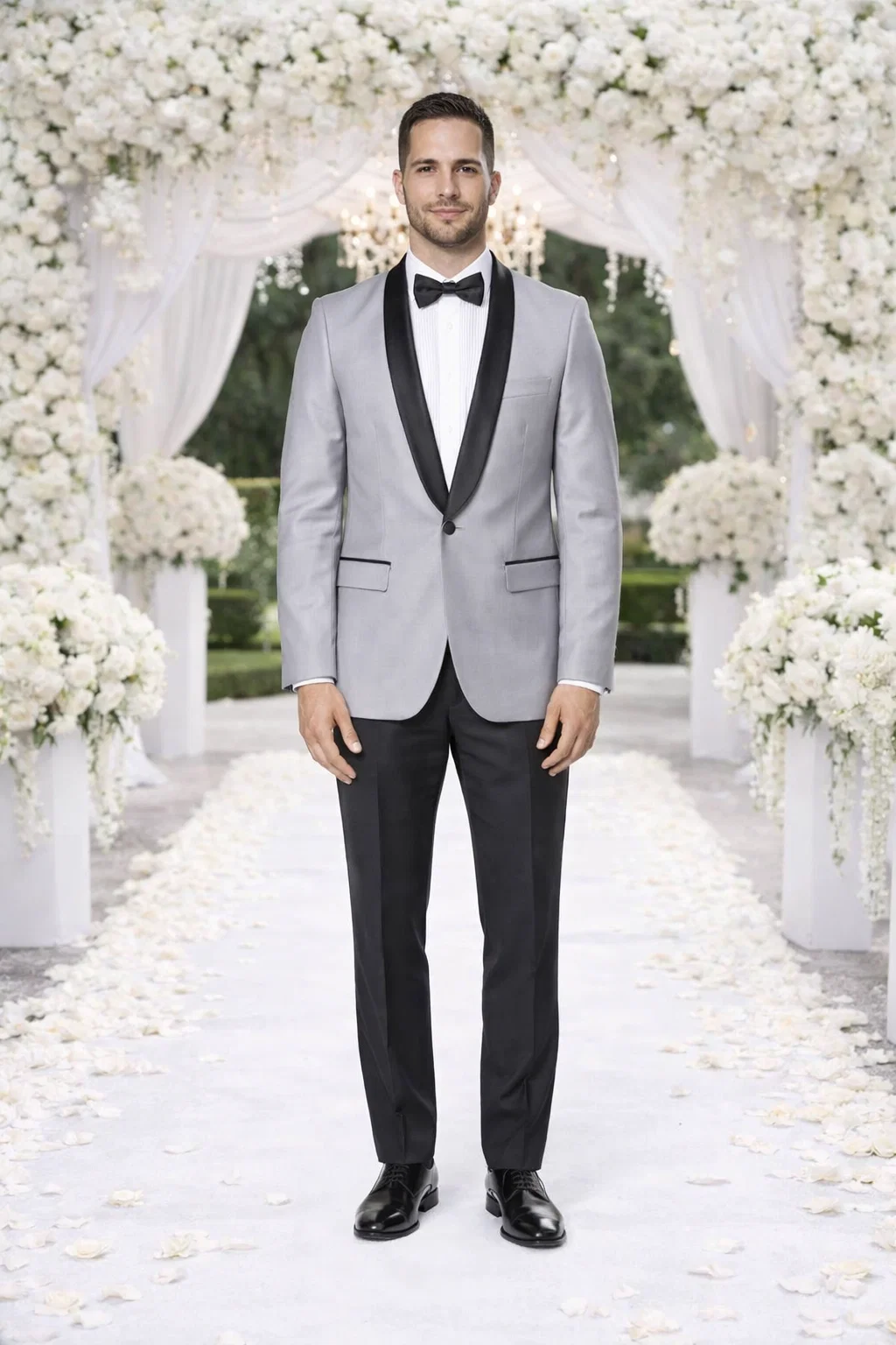 Grey Tuxedo Jacket with Black Satin Shawl Lapel – Slim Fit