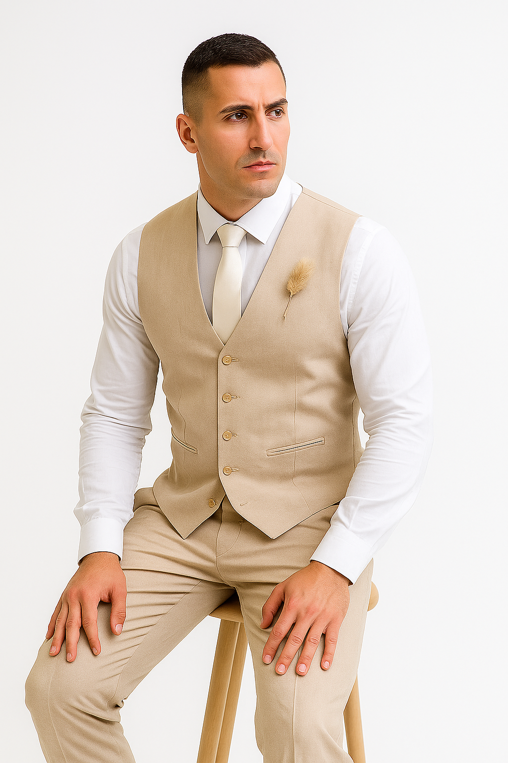 Groomsmen Linen Vest & Pants Set (No Jacket) Natural Sand Tan or Cream or White or Light Grey or Navy blue