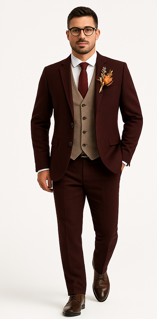 groomsmen-tweed-suit-maroon-herringbone