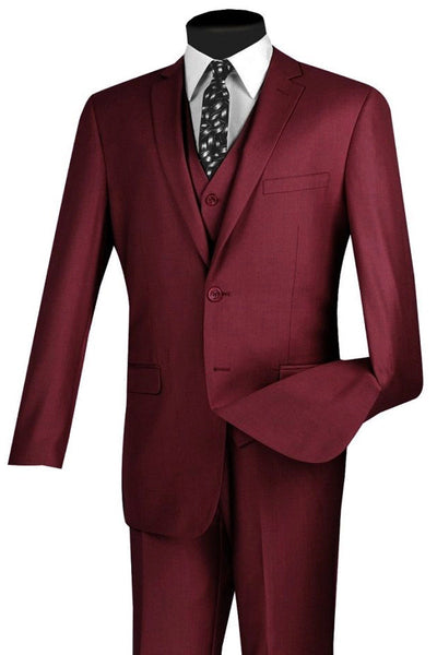 Mens Vested Slim Fit Wool Feel Burgundy Suit