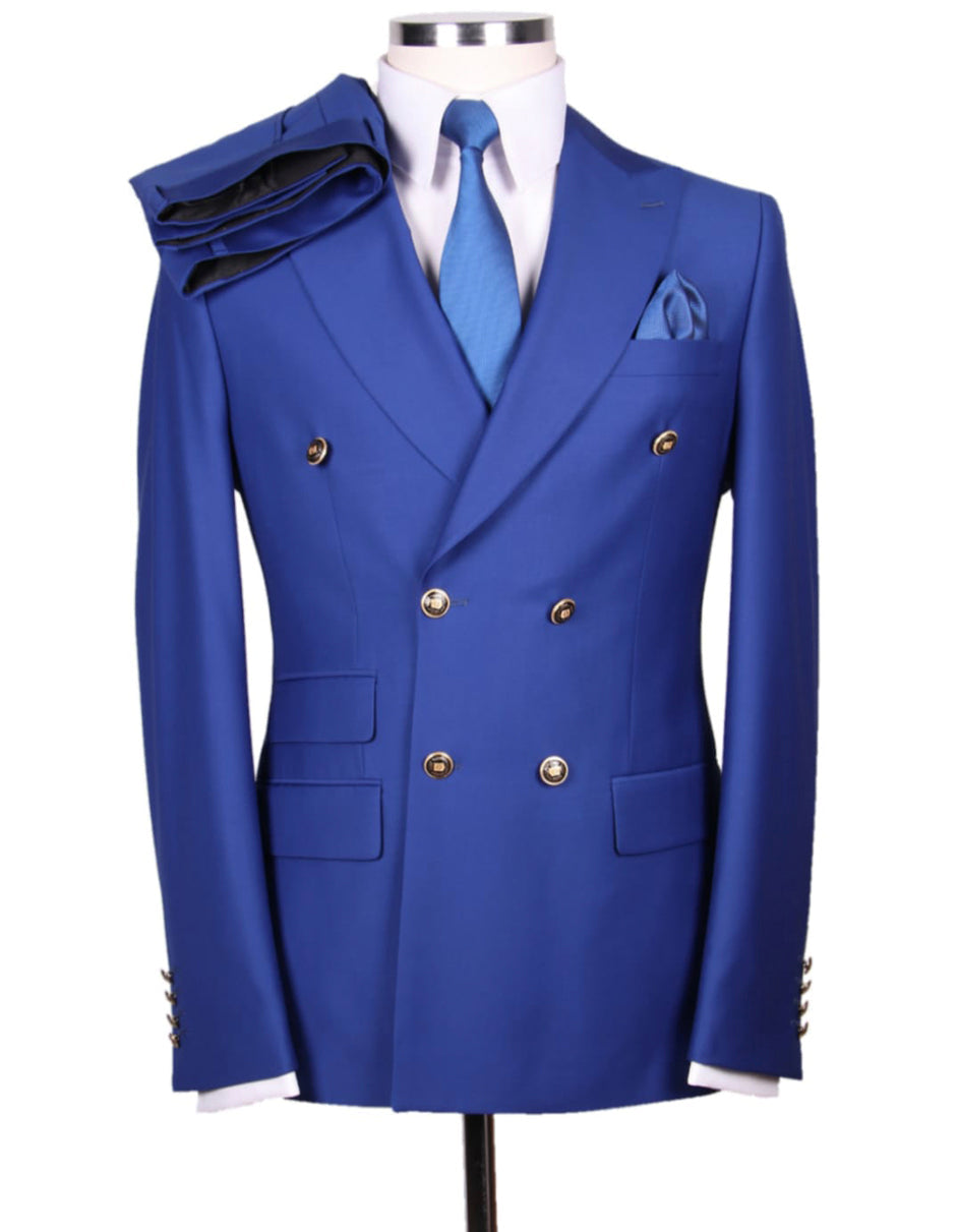 Cobalt Blue Double Breasted Wool Suit with Gold Buttons