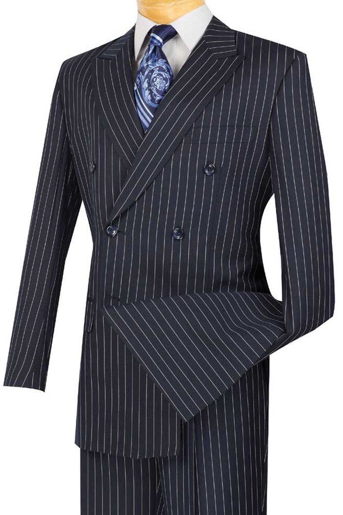Bold Pinstripe Double Breasted Suit Navy