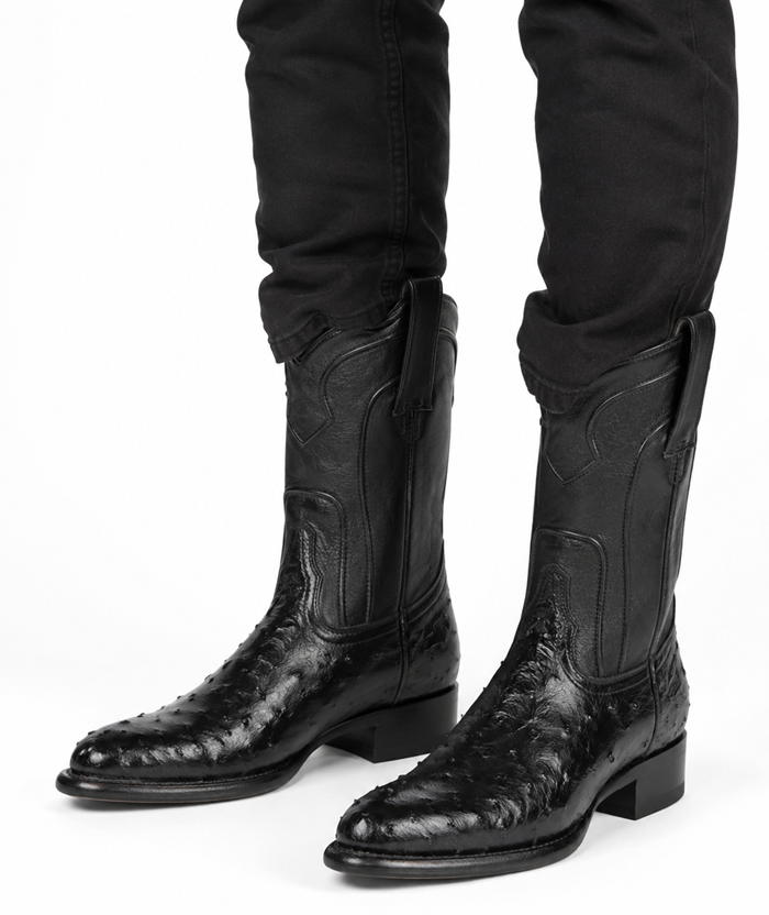 Handcrafted in Mexico Los Altos Boots Men's Ostrich Roper Western Boots Black