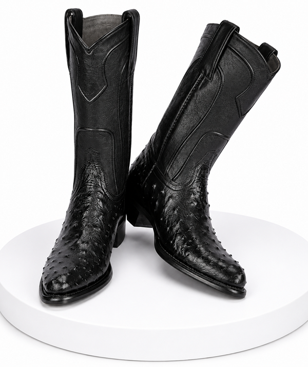 Handcrafted in Mexico Los Altos Boots Men's Ostrich Roper Western Boots Black