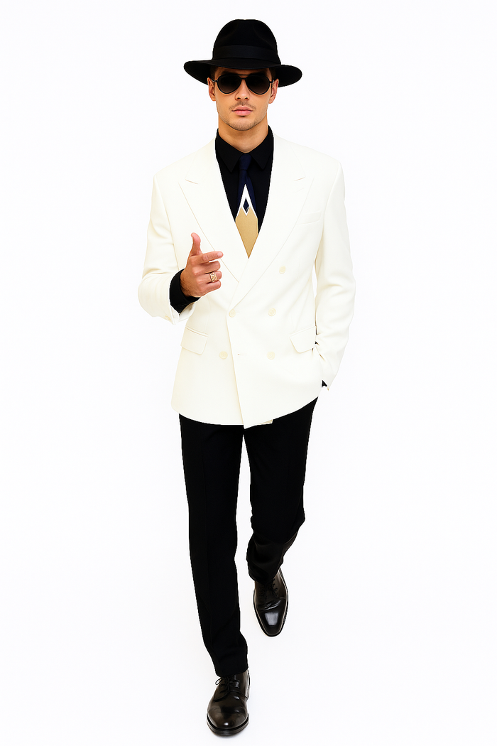Harlem Nights Costumes Package - White Double Breasted Blazer + Black Pants + Black Hat