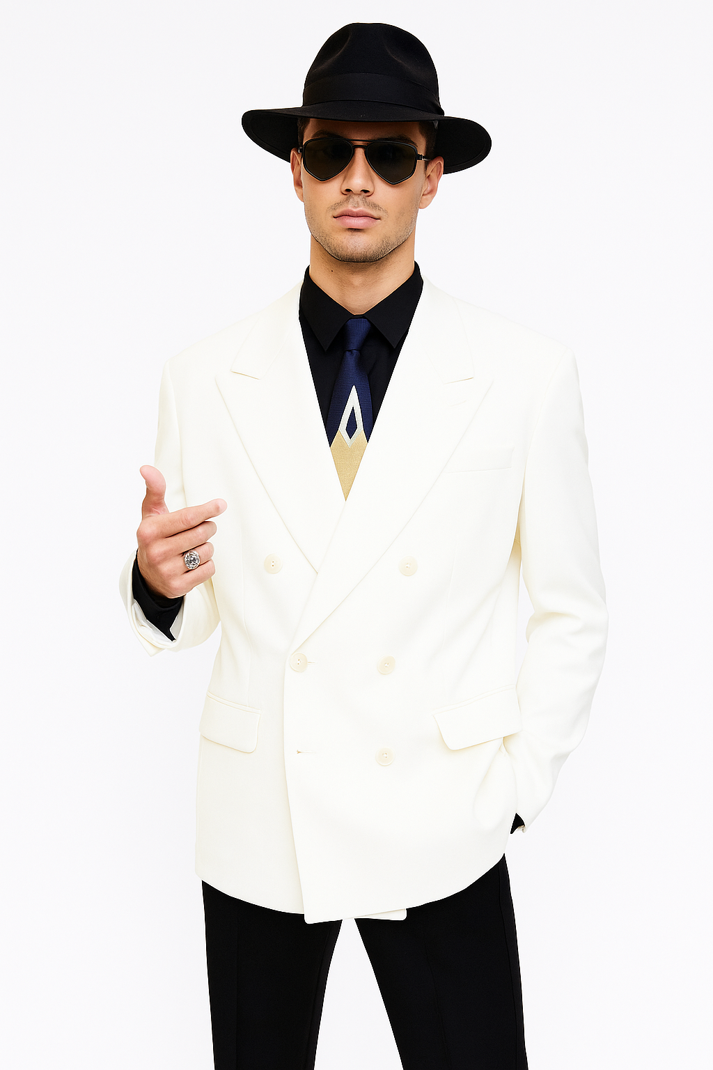 Harlem Nights Costumes Package - White Double Breasted Blazer + Black Pants + Black Hat