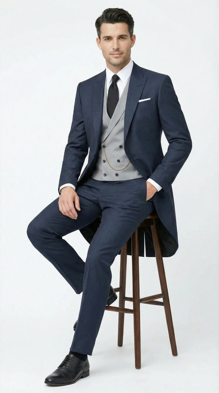 Men’s Navy Blue Three Piece Formal Suit – Cutaway Tuxedo Blazer Trousers for Wedding Tailcoat