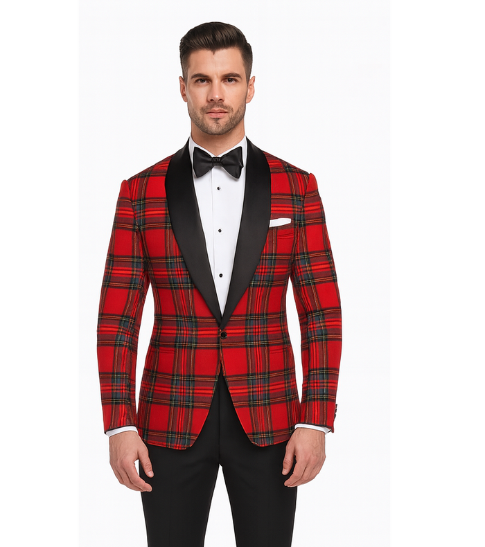 Holiday Blazer - Christmas Sport Coat - Red Christmas Fabric Plaid Blazer By Alebrtonardoni