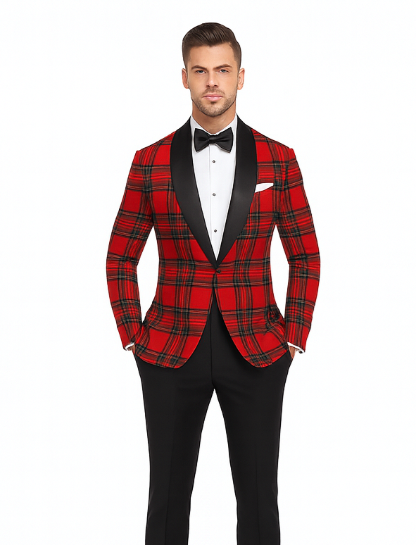 Holiday Blazer - Christmas Sport Coat - Red Christmas Fabric Plaid Blazer By Alebrtonardoni