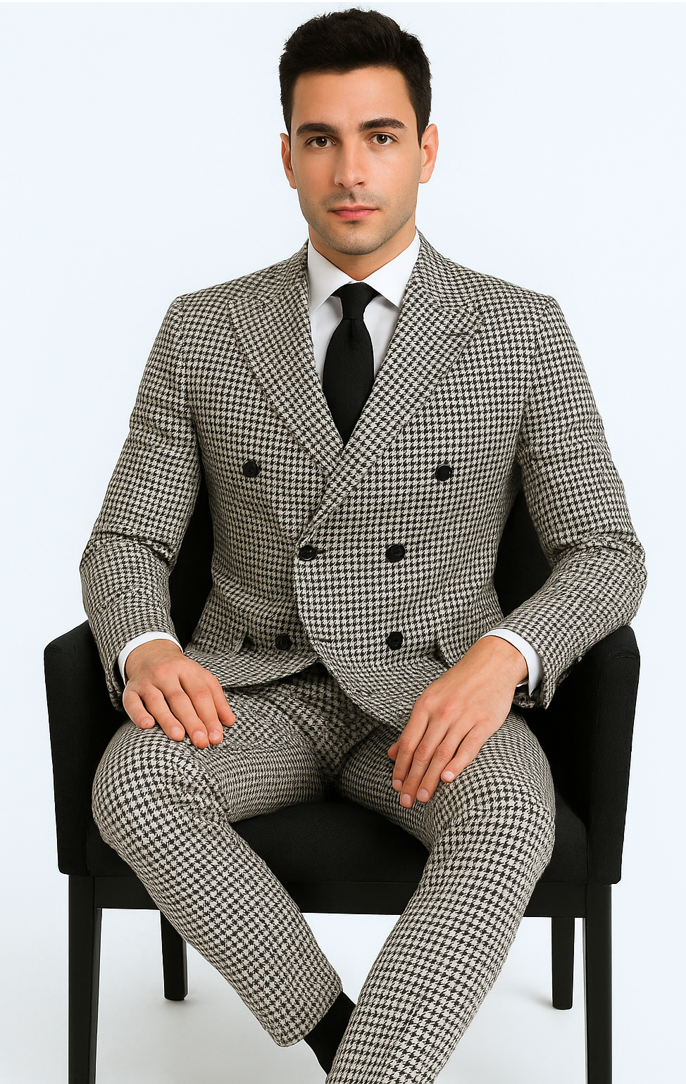 Houndstooth Double Breasted Suit - Wool Fabric Black and White Patterned Checkered Suit