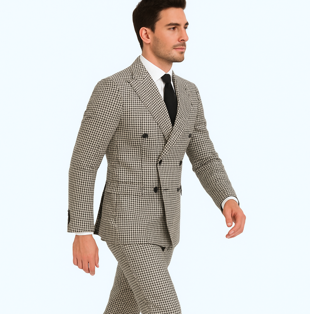 Houndstooth Double Breasted Suit - Wool Fabric Black and White Patterned Checkered Suit