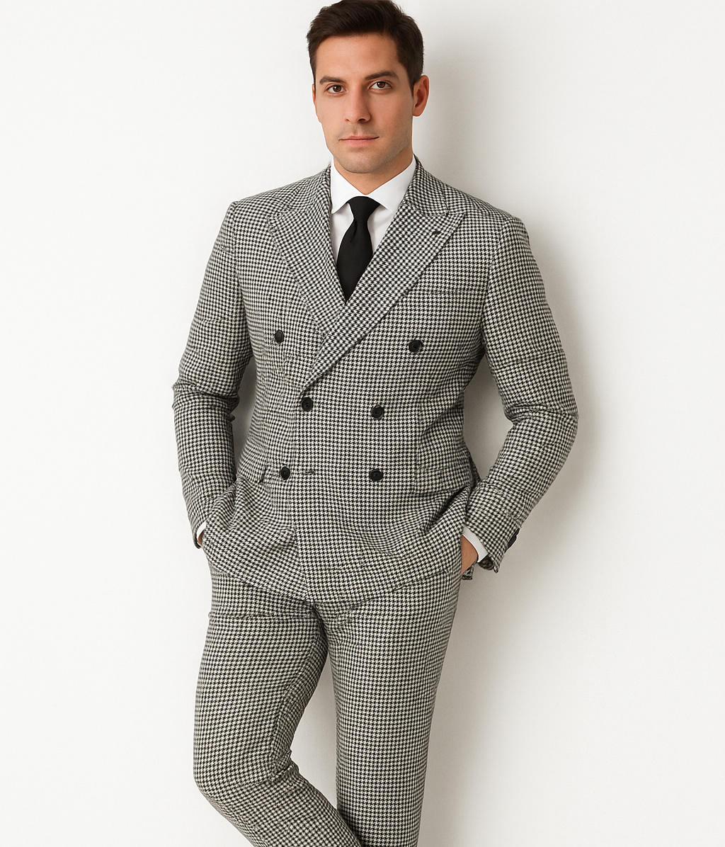 Houndstooth Double Breasted Suit - Wool Fabric Black and White Patterned Checkered Suit