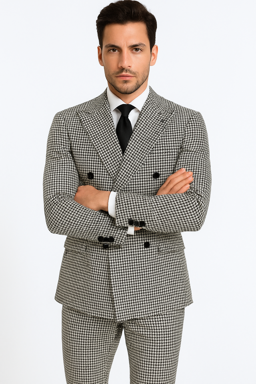 Houndstooth Double Breasted Suit - Wool Fabric Black and White Patterned Checkered Suit