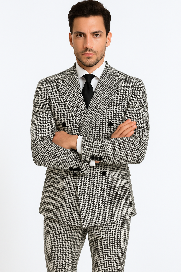 Houndstooth Double Breasted Suit - Wool Fabric Black and White Patterned Checkered Suit