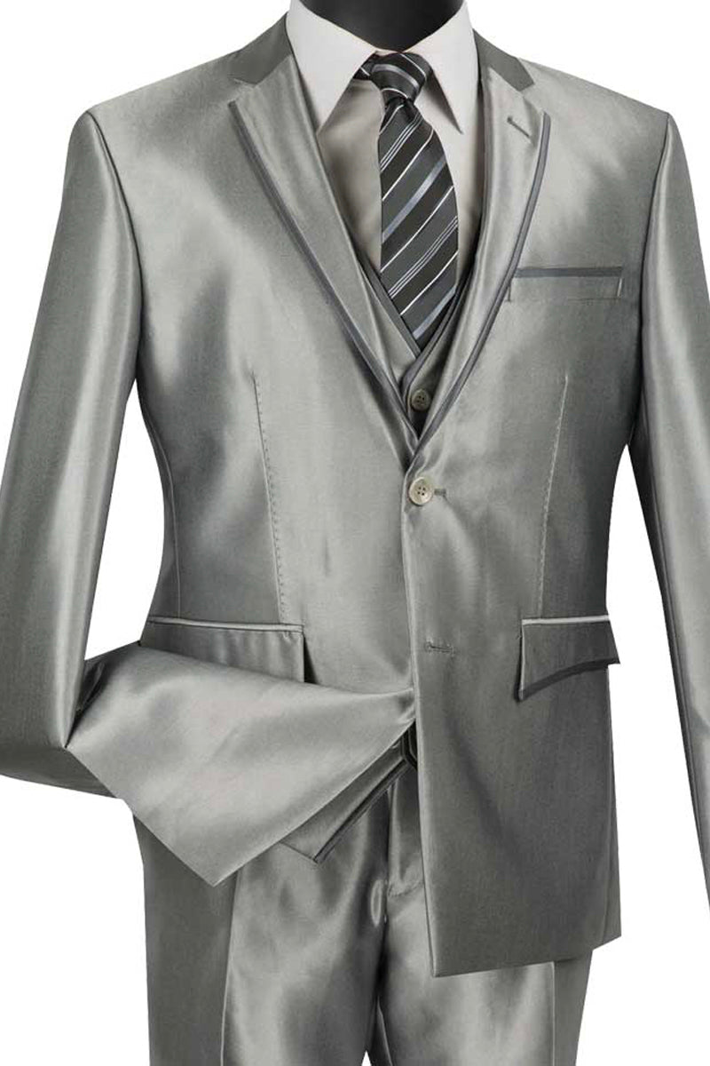 Ultra Slim Sharkskin Suit with Vest in Grey