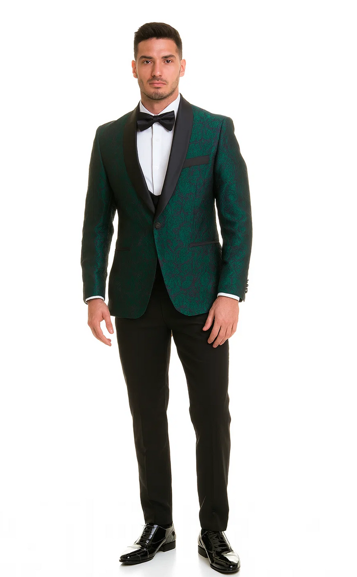Hunter Green Floral Tuxedo with Shawl Lapel – 4 Piece Slim Fit Set