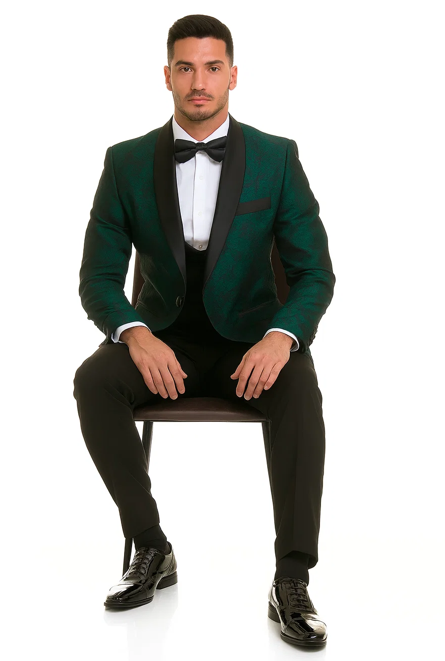 Hunter Green Floral Tuxedo with Shawl Lapel – 4 Piece Slim Fit Set