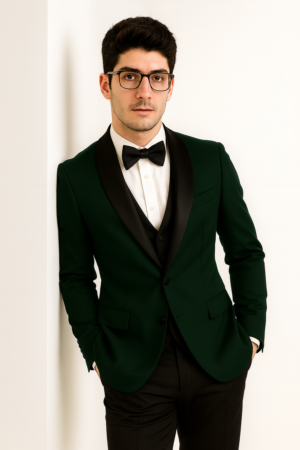 Men's Hunter Green Tuxedo Plus Black Pants and Vest Wedding Prom 2026 Suit 38 Short Jacket+32 Waist Adjustable 28to34)(Height: 54To57)(Neck 15-