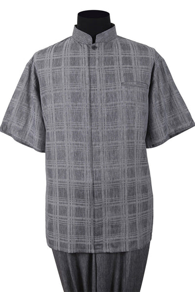 Mens Short Sleeve Plaid Mandarin Banded Collar Walking Suit in Grey