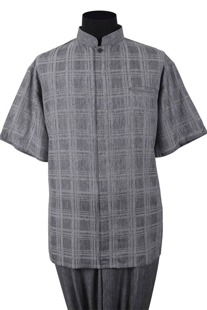 Mens Short Sleeve Plaid Mandarin Banded Collar Walking Suit in Grey