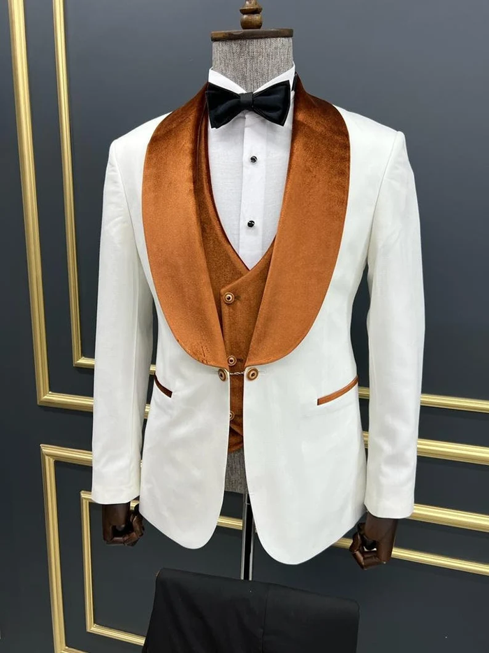 Men’s White Slim Fit Tuxedo with Burnt Orange Velvet Shawl Collar