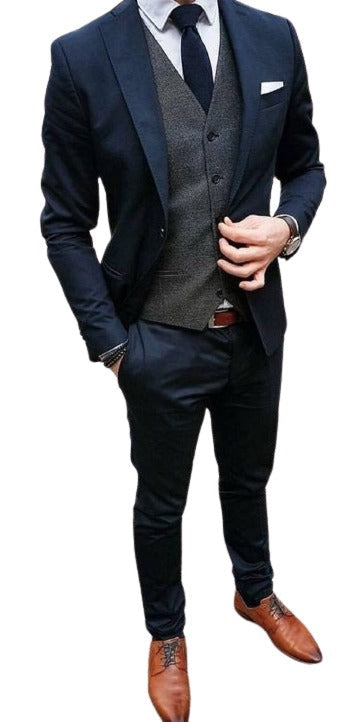 Navy Blue Wool Suit With Grey Vest Slim Fit or Modern Fit
