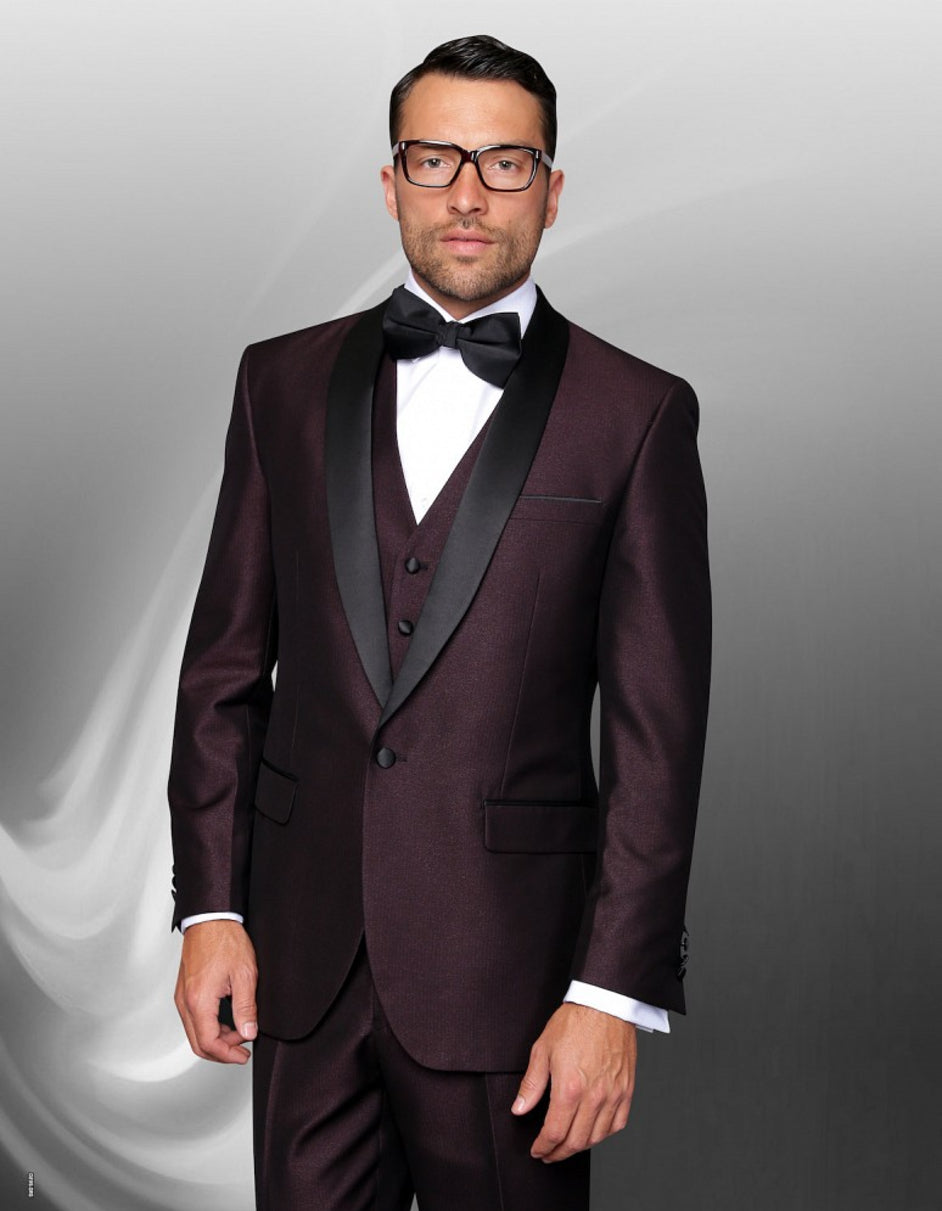 Burgundy Wool Shawl Lapel Tuxedo with Vest