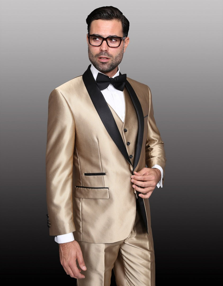 Shawl Lapel Gold Sharkskin Slim Tuxedo