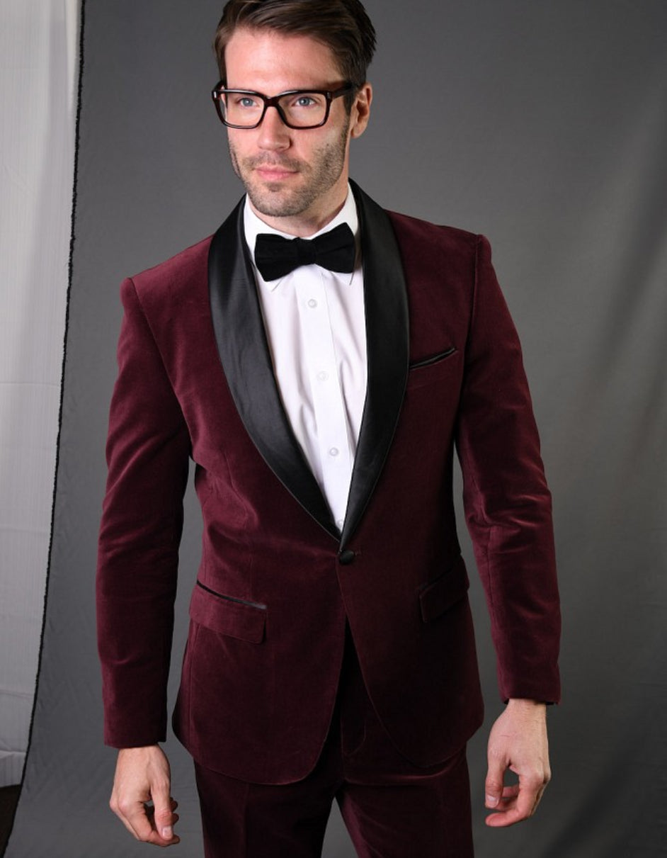 Burgundy Velvet 1 Button Shawl Tuxedo