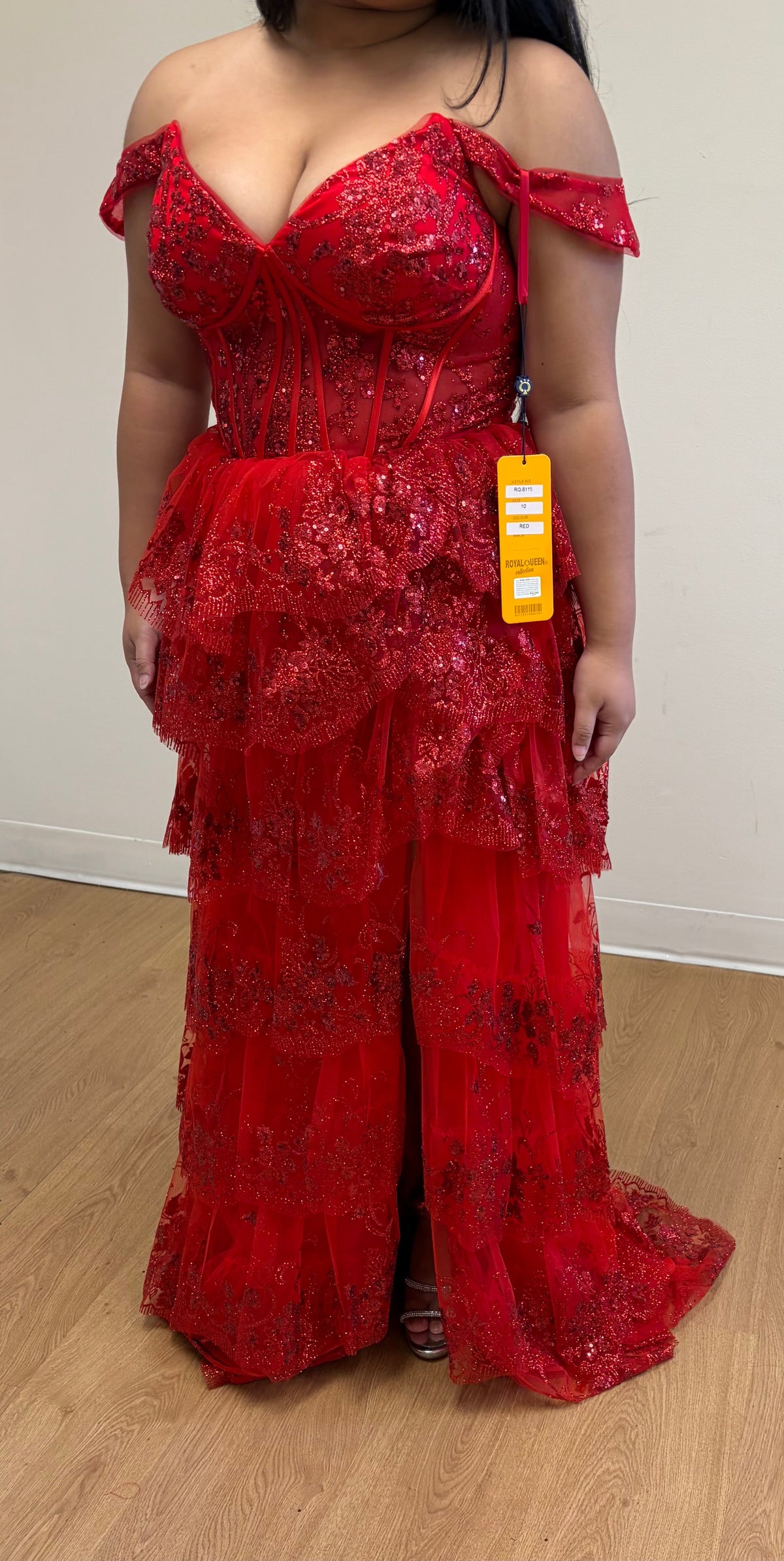 Royal Queen RQ8115 Off-Shoulder Ruffle Sheer Bodice Prom Gown