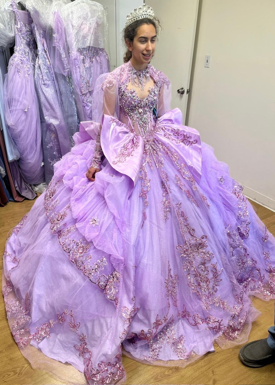 Sweetheart Long Sheer Puff Sleeve Beaded Corset Tiered Ruffle Ball Gown by Layla K LK299