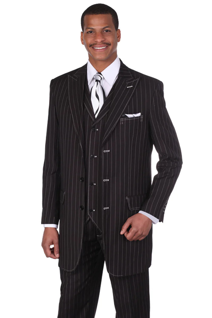 Men’s Vintage Vested Gangster Pinstripe Suit – Black & White 3-Piece Classic Fit