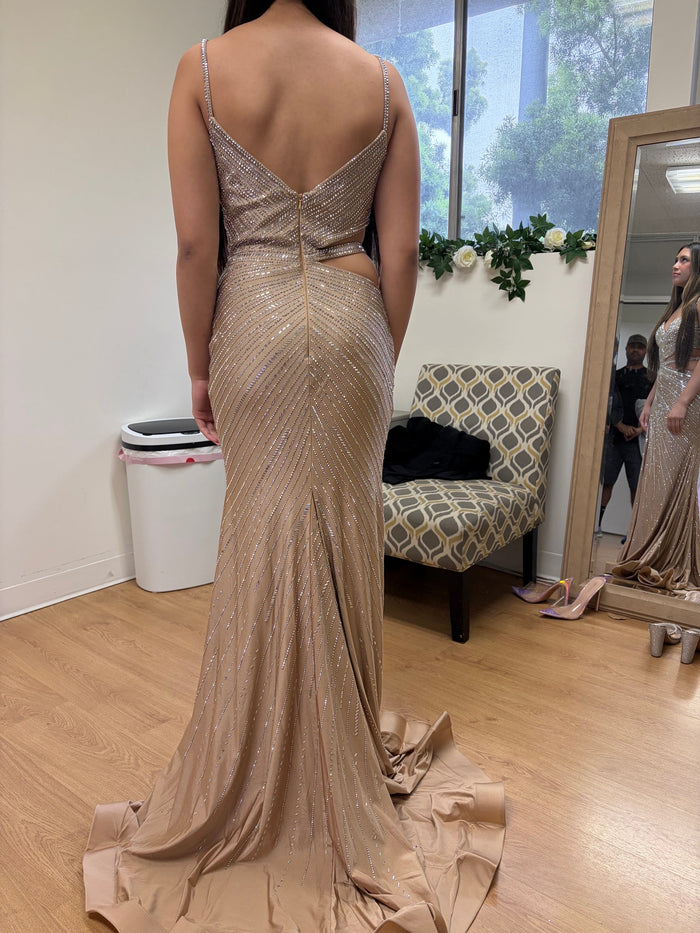 Sparkling Sequin Cutout Evening Gown with High Slit  Spaghetti Strap Mermaid Dress by Royal Queen RQ-8219