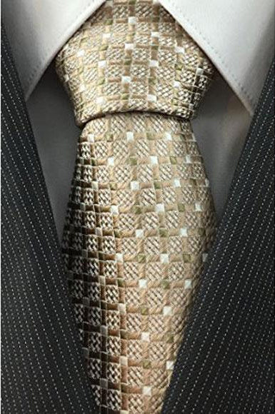 Men's Beige Grid Pattern Woven Necktie-Men's Neck Ties - Mens Dress Tie - Trendy Mens Ties