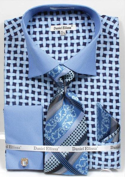 Daniel Ellissa Blue Bright Net Pattern Two Tone French Cuff Shirt Big and Tall Sizes Two Toned Contrast 18 19 20 21 22 Inch Neck Men's Dress Shirt