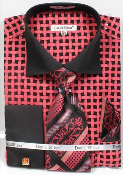 Daniel Ellissa Bright Net Pattern Two Tone Black/Salmon ~ Coral color French Cuff Big and Tall Sizes Black Collar Two Toned Contrast 18 19 20 21 22 Inch Neck Men's Dress Shirt